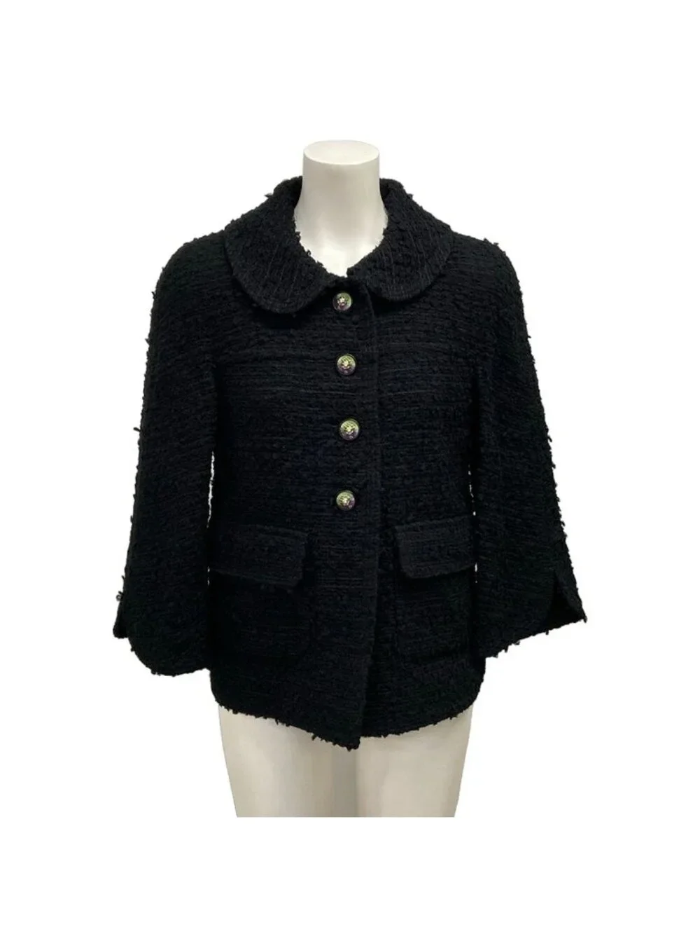 Chanel Jacket S Black Three Quarter Sleeve Fantasytweed Roundcolor Lion Button